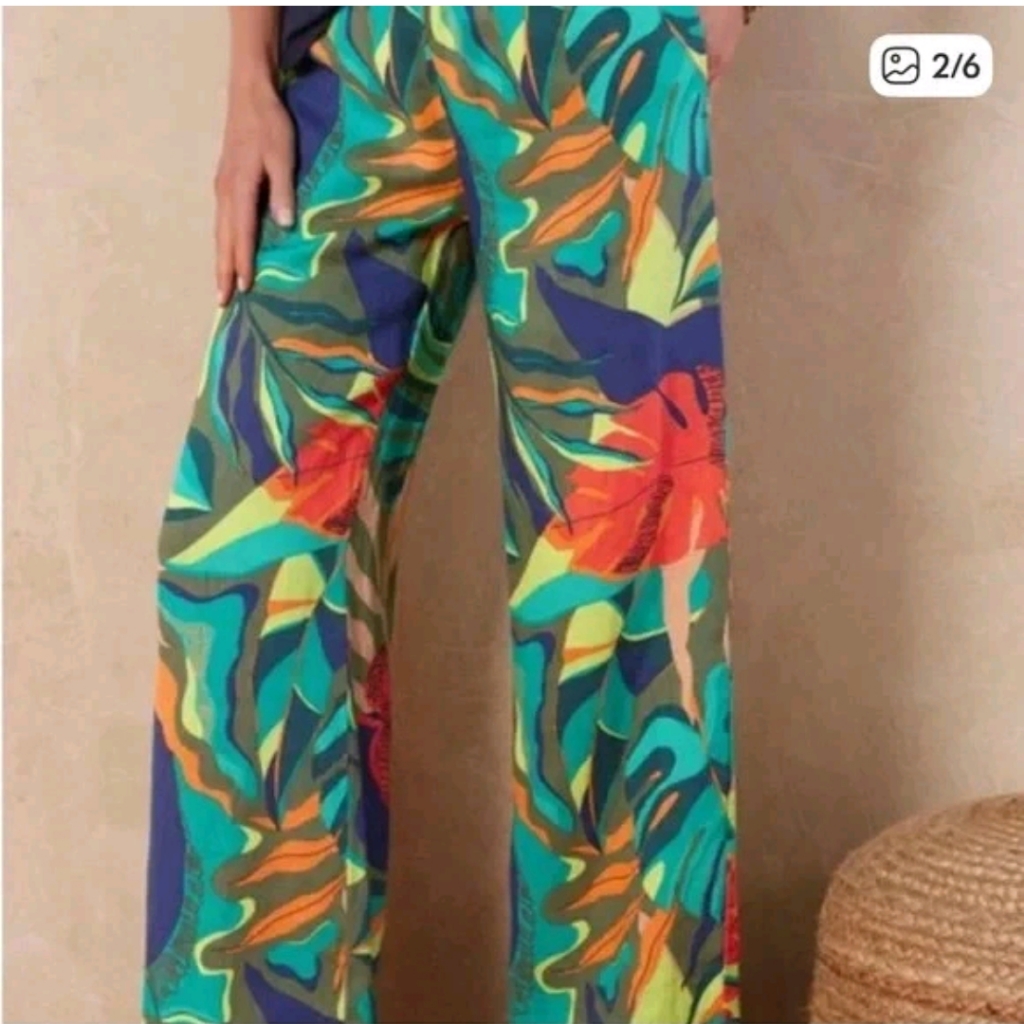 Soft Surroundings Aliso Point Tropical Linen Pants Hawaiian Green Wide Leg Xl